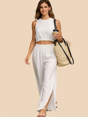 Commense white Elastic-Waist Wide Leg Pants with Side Slit
